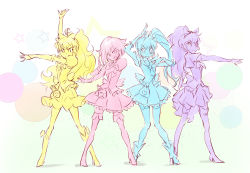 Rule 34 | 4girls, ahoge, blake belladonna, blush, boots, bow, brooch, cosplay, cure fortune, cure fortune (cosplay), cure honey, cure honey (cosplay), cure lovely, cure lovely (cosplay), cure princess, cure princess (cosplay), embarrassed, female focus, gradient background, hair bow, happinesscharge precure!, heart, heart brooch, highres, iesupa, knee boots, magical girl, multiple girls, multiple monochrome, precure, ruby rose, rwby, scar, scar on face, skirt, thigh boots, thighhighs, weiss schnee, wide ponytail, yang xiao long