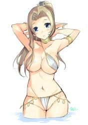 Rule 34 | 1girl, :o, armlet, armpits, bad id, bad pixiv id, bikini, blonde hair, blue eyes, blush, breast slip, breasts, choker, cleavage, covered erect nipples, earrings, elf, hair over breasts, jewelry, large breasts, long hair, looking at viewer, lots of jewelry, navel, one breast out, open mouth, original, pointy ears, saikawa yusa, shiny skin, solo, swimsuit, wading, water, wedgie