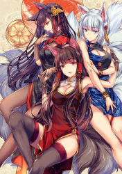 Rule 34 | 3girls, akagi (azur lane), alternate costume, amagi (azur lane), animal ears, azur lane, black hair, blue eyes, breasts, brown hair, china dress, chinese clothes, cleavage, commentary request, dress, fox ears, fox girl, fox tail, highres, kaga (azur lane), large breasts, long hair, monety, multiple girls, multiple tails, red eyes, short hair, smile, tail, white hair