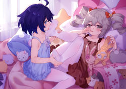 Rule 34 | 2girls, ahoge, benghuai xueyuan, blue dress, blue eyes, blue hair, bow, breasts, bronya zaychik, brown dress, collarbone, commentary request, crossed bangs, curtains, dress, drill hair, feet, grey eyes, hair between eyes, hair bow, hand to own mouth, highres, holding another&#039;s foot, homei (honkai impact), homu (honkai impact), honkai (series), honkai impact 3rd, indoors, legs up, licking, licking foot, looking at another, lying, multiple girls, no shoes, on back, on bed, pantyhose, pillow, red bow, seele vollerei, short hair, sidelocks, simple background, sitting, sleeveless, sleeveless dress, small breasts, soles, sweatdrop, tongue, tongue out, tsubasa tsubasa, twin drills, white legwear, window, yuri