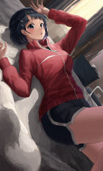 Rule 34 | 1girl, black eyes, black hair, black shirt, black shorts, bob cut, breasts, crying, crying with eyes open, curtains, hair ornament, hairclip, high collar, highres, jacket, kirigaya suguha, knee up, large breasts, long sleeves, looking at viewer, lying, melt (ghfla10), on back, on bed, open mouth, red jacket, shirt, short hair, short shorts, shorts, solo, sword art online, tears, teeth, upper teeth only, window, zipper pull tab