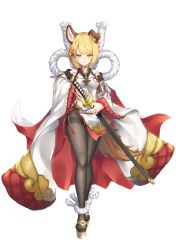 Rule 34 | 1girl, absurdres, animal ears, bare shoulders, black pantyhose, blonde hair, blush, breasts, cape, clothing cutout, dog ears, dog girl, dog tail, dress, full body, granblue fantasy, hair ornament, highres, holding, holding sword, holding weapon, hyouta (yoneya), katana, lips, looking at viewer, pantyhose, parted lips, rope, sandals, sheath, shimenawa, short eyebrows, short hair, shoulder cutout, small breasts, solo, sword, tachi-e, tail, thighband pantyhose, vajra (granblue fantasy), weapon, white background, white dress, wide sleeves