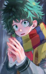 1boy blazer blush boku_no_hero_academia breath chromatic_aberration cold commentary_request curly_hair double_horizontal_stripe eyebrows_hidden_by_hair film_grain freckles fringe_trim green_eyes green_hair grey_jacket head_tilt highres jacket long_sleeves looking_at_viewer looking_to_the_side male_focus midoriya_izuku multicolored_clothes multicolored_scarf necktie nose_blush open_mouth own_hands_together red_necktie scar scar_on_hand scarf school_uniform shirt short_hair shoulder_strap sidelighting smile solo steepled_fingers striped_clothes striped_scarf three_quarter_view tkrt_rkgk u.a._school_uniform upper_body vertical-striped_clothes vertical-striped_scarf white_shirt