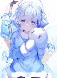 Rule 34 | 1boy, blue dress, blush, cookie run, dress, earmuffs, fur-trimmed dress, fur-trimmed sleeves, fur trim, gloves, highres, ice, ice cream cone, ice cube, long sleeves, looking at viewer, male focus, mittens, noyu (noyu23386566), short hair, sitting, snow, snow sugar cookie, snowflakes, solo, sparkle, white dress, white eyes, white gloves, white hair