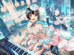 Rule 34 | 1girl, 2girls, :d, artist request, bang dream!, black hair, blue butterfly, blush, bow, breasts, bug, butterfly, chandelier, dress, earrings, floral print, from above, glint, gloves, hairband, half updo, hand on own chest, hat, bug, jewelry, large breasts, long hair, looking at viewer, mini hat, multiple girls, official art, open mouth, purple eyes, shirokane rinko, sitting, smile, sparkle, stairs, stool, water, white bow, white gloves, aged down