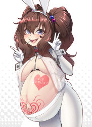 Rule 34 | 1girl, animal ears, beads, blush, bow, bowtie, breast curtains, breastless clothes, breasts, breasts apart, breasts out, brown hair, candy, collar, cowboy shot, curvy, daughter (konoshige), double v, elbow gloves, fake animal ears, food, gloves, hair beads, hair between eyes, hair ornament, heart, heart tattoo, high heels, highres, japanese text, konoshige (ryuun), large breasts, lollipop, long hair, looking at viewer, maternity pantyhose, meme attire, mole, mole on breast, mole under eye, navel, nipples, open mouth, original, outie navel, pantyhose, pregnant, purple eyes, rabbit ears, rabbit tail, red bow, red bowtie, revealing clothes, reverse bunnysuit, reverse outfit, see-through, short sleeves, sidelocks, smile, solo, standing, star tattoo, stomach tattoo, stretch marks, tattoo, thick thighs, thighs, translated, twintails, v, white pantyhose, wide hips, wrist cuffs