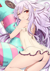 Rule 34 | 1girl, ass, bare shoulders, black panties, blush, brown dress, button eyes, buttons, commentary request, dress, from behind, hair between eyes, highres, hugging object, lo xueming, long hair, looking at viewer, looking back, medusa (shingeki no bahamut), one eye closed, panties, pointy ears, purple hair, red eyes, see-through, shingeki no bahamut, signature, sleeveless, sleeveless dress, solo, strap slip, stuffed animal, stuffed snake, stuffed toy, underwear, very long hair