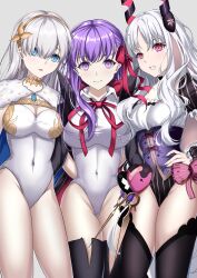 Rule 34 | 3girls, absurdres, anastasia (fate), bb (fate), bb (swimsuit mooncancer) (third ascension) (fate), black bow, black coat, black thighhighs, blue eyes, bow, breasts, cape, caren hortensia, caren hortensia (amor caren), caren hortensia (amor caren) (third ascension), choker, cleavage, coat, collared leotard, corset, covered navel, fate/grand order, fate (series), gold choker, gold hairband, grey background, grey hair, hair ribbon, hairband, hand on own hip, heart, heart choker, highleg, highleg leotard, highres, horns, large breasts, leotard, long hair, multiple girls, neck ribbon, parted lips, pink bow, pink eyes, purple corset, purple eyes, purple hair, red ribbon, ribbon, sou skate714, striped clothes, striped leotard, striped sleeves, thighhighs, thighs, vertical-striped clothes, vertical-striped leotard, vertical-striped sleeves, white choker, white leotard