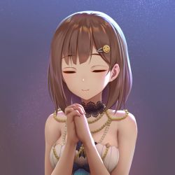 Rule 34 | 1girl, artist request, blue bow, bow, brown hair, choker, clenched hands, closed eyes, commission, dress, emoji, gem, hair ornament, hairpin, interlocked fingers, jewelry, lace, lace choker, nanami (virtuareal), necklace, nijisanji, own hands clasped, own hands together, pearl (gemstone), pearl necklace, praying, purple background, simple background, strapless, strapless dress, translation request, upper body, virtual youtuber, virtuareal