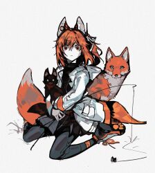 1girl a.i._voice adachi_rei animal animal_ears black_pantyhose black_shirt black_skirt cat_teaser closed_mouth expressionless fox fox_ears fox_girl fox_tail full_body hair_ribbon headlamp highres holding holding_animal holding_cat_teaser hood hood_down hooded_jacket jacket kemonomimi_mode long_sleeves looking_at_viewer medium_hair one_side_up open_clothes open_jacket orange_eyes orange_hair pantyhose paw_print_soles radio_antenna ribbon shirt shoes simple_background sitting skirt sneakers solo tail utau wariza white_background white_jacket white_ribbon wide-eyed yonghu7837911398