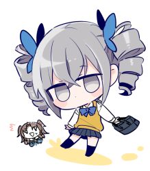 Rule 34 | 2girls, 6 (yuchae), :d, bag, black thighhighs, blue bow, blue bowtie, bow, bowtie, bronya zaychik, brown hair, chibi, collared shirt, drill hair, full body, grey eyes, grey hair, holding, holding bag, honkai (series), honkai impact 3rd, long hair, long sleeves, looking at viewer, multiple girls, no mouth, open mouth, school bag, school uniform, shirt, simple background, smile, thighhighs, triangle mouth, twin drills, vest, white background, white shirt, yellow vest