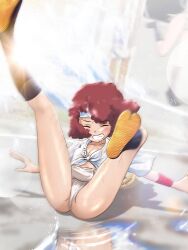 Rule 34 | 1girl, absurdres, ass, blush, breasts, cleavage, closed eyes, collarbone, crotch, fundoshi, girls und panzer, highres, hiyama yuu (wee259hiyama), japanese clothes, legs up, mizu happi, no bra, outdoors, red hair, rum (girls und panzer), shiny skin, small breasts, solo, teeth, water