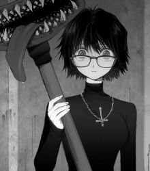 Rule 34 | 1girl, blood, blood stain, closed mouth, crack, cracked wall, cross, cross necklace, dripping, fingernails, glasses, greyscale, hair between eyes, handprint, hatching, highres, holding, hunter x hunter, inverted cross, jewelry, looking at viewer, maki keigo, monochrome, necklace, open mouth, saliva, drooling, sharp teeth, shizuku murasaki, short hair, sleeves past wrists, solo, teeth, tongue, tongue out, turtleneck, upper body, wide-eyed