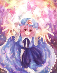 Rule 34 | 1girl, bug, butterfly, female focus, hat, insect, kaminari on maru, outstretched arms, outstretched hand, pink hair, reaching, reaching towards viewer, red eyes, saigyouji yuyuko, short hair, solo, touhou