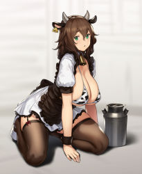 Rule 34 | 1girl, animal ears, animal print, apron, bell, bikini, bikini top only, black apron, blush, bow, bow legwear, breasts, brown hair, brown thighhighs, canister, cleavage, cow ears, cow girl, cow horns, cow print, cow tail, cowbell, ear tag, frilled apron, frills, full body, garter straps, green eyes, hair between eyes, highres, horns, houtengeki, huge breasts, original, red bow, short sleeves, simple background, solo, string bikini, swimsuit, tail, thighhighs, waist apron, white footwear, wrist cuffs