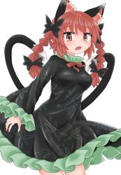 Rule 34 | 1girl, animal ears, black bow, black dress, black tail, bow, braid, breasts, cat ears, cat tail, chups, dress, extra ears, fang, frilled dress, frilled sleeves, frills, green frills, hair bow, highres, kaenbyou rin, long sleeves, looking at viewer, multiple tails, nail polish, nekomata, open mouth, red eyes, red hair, red nails, red neckwear, short hair, simple background, solo, tail, touhou, twin braids, two tails, white background