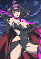 Rule 34 | 10s, 1girl, ahoge, banboro (technobot), breasts, cameltoe, cape, cleavage, cloud, concrete revolutio, covered navel, dark persona, elbow gloves, gloves, headgear, hoshino kikko, large breasts, lips, lipstick, makeup, purple hair, red eyes, shiny skin, short hair, sky, smile, solo, spoilers, thighhighs, whip