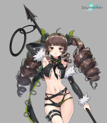 Rule 34 | 1girl, ahoge, arm up, armpits, bare shoulders, belt, black panties, black shirt, blouse, blunt bangs, breasts, brown hair, cowboy shot, crop top, crop top overhang, curled horns, demon horns, detached sleeves, drill hair, fur trim, gluteal fold, high collar, highleg, highleg panties, highres, holding, holding weapon, horns, leg belt, lily bloomerchen, lim jaejin, long hair, looking at viewer, medium breasts, multi-strapped panties, navel, neckerchief, official art, orange eyes, panties, parted lips, revealing clothes, shirt, solo, soulworker, stomach, thigh strap, thighs, twin drills, twintails, underwear, very long hair, weapon