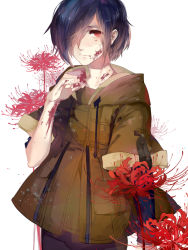 Rule 34 | 1girl, asymmetrical bangs, bad id, bad pixiv id, black hair, blood, blood on face, blood on hands, closed mouth, dj.adonis, flower, hair over one eye, highres, hood, hood down, kirishima touka, long sleeves, looking at viewer, red eyes, red flower, short hair, simple background, solo, spider lily, standing, tokyo ghoul, white background