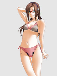 00s 1girl arm_behind_head bikini blue_eyes breasts brown_hair cleavage evangelion:_2.0_you_can_(not)_advance female_focus glasses hairband lowleg makinami_mari_illustrious navel neon_genesis_evangelion piyottoru rebuild_of_evangelion side-tie_bikini_bottom simple_background smile solo swimsuit twintails