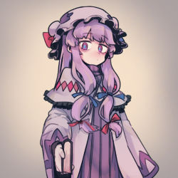 Rule 34 | 1girl, bags under eyes, blue ribbon, book, capelet, commentary, cowboy shot, dress, gradient background, grey background, hair ribbon, hat, hat ribbon, highres, holding, holding book, long hair, long sleeves, looking at viewer, mob cap, nyong nyong, patchouli knowledge, purple capelet, purple dress, purple eyes, purple hair, purple hat, red ribbon, ribbon, sidelocks, solo, standing, striped clothes, striped dress, touhou, vertical-striped clothes, vertical-striped dress, wide sleeves
