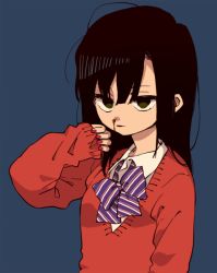Rule 34 | 1girl, black hair, blood, blue background, bow, bowtie, closed mouth, collared shirt, green eyes, hand up, jitome, ka (marukogedago), long hair, long sleeves, looking at viewer, nosebleed, original, purple bow, purple bowtie, red sweater, shirt, simple background, sleeves past wrists, solo, striped, striped bow, sweater, upper body, white shirt, wing collar
