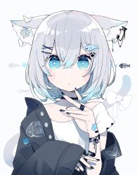 Rule 34 | + +, 1girl, animal ear fluff, animal ears, bare shoulders, black choker, black jacket, black nails, blue eyes, blue hair, bow, cat ears, cat girl, cat tail, choker, chon (chon33v), closed mouth, collarbone, commentary request, fish hair ornament, fish skeleton, gradient hair, grey background, grey hair, hair between eyes, hair ornament, hairclip, highres, jacket, long sleeves, multicolored hair, nail polish, off-shoulder shirt, off shoulder, open clothes, open jacket, original, shirt, simple background, sleeves past wrists, solo, tail, tail bow, tail ornament, tail raised, upper body, white bow, white shirt, wide sleeves, x hair ornament