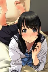 Rule 34 | 1girl, barefoot, black hair, black sailor collar, black skirt, blue bow, blush, bow, brown eyes, closed mouth, commentary request, couch, feet, fingernails, hair over shoulder, hand up, highres, holding, holding own hair, indoors, legs up, long hair, long sleeves, low twintails, lying, matsunaga kouyou, nose blush, on couch, on stomach, original, pleated skirt, sailor collar, school uniform, serafuku, shirt, skirt, smile, soles, solo, the pose, toes, twintails, white shirt