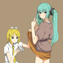 Rule 34 | 2girls, bad id, bad pixiv id, blonde hair, blue eyes, camera, clothes lift, couzone, female pervert, green eyes, green hair, hair ornament, hairclip, hatsune miku, kagamine rin, long hair, looking back, multiple girls, nail polish, necktie, pervert, simple background, skirt, skirt lift, smile, twintails, v, vocaloid