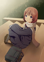 Rule 34 | 1girl, brown hair, female focus, full body, grass, hugging own legs, loafers, mattaku mousuke, nature, original, outdoors, pantyhose, plant, scarf, school uniform, shoes, skirt, solo, stairs
