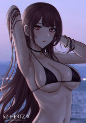 Rule 34 | 1girl, arm up, armpits, bikini, black bikini, black choker, blurry, blurry background, blush, bracelet, breasts, choker, collarbone, commentary request, english text, evening, girls&#039; frontline, highres, jewelry, large breasts, long hair, looking at viewer, navel, parted lips, purple eyes, purple sky, red eyes, selcky, sideboob, sky, solo, swimsuit, underboob, upper body, wa2000 (girls&#039; frontline), water, wet