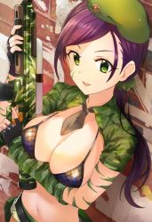 Rule 34 | 1girl, arm warmers, ashita (2010), bad id, bad twitter id, belt, beret, bikini, bikini top only, black bikini, black gloves, black hair, breasts, brick wall, camouflage, camouflage shirt, cleavage, detached sleeves, facial mark, fingerless gloves, gloves, green eyes, green hat, green shirt, grey necktie, grey shorts, gun, hat, idolmaster, idolmaster cinderella girls, large breasts, long hair, looking at viewer, navel, necktie, open mouth, parted lips, ponytail, pouch, scrunchie, shirt, short shorts, short sleeves, shorts, shrug (clothing), single detached sleeve, smile, solo, swept bangs, swimsuit, weapon, yamato aki