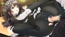 Rule 34 | 1girl, aikawa arisa (kiss ato), ass, blue eyes, blush, breasts, brown hair, censored, clothing aside, fingernails, game cg, kiss ato, large breasts, legs, legs up, long fingernails, long hair, looking up, lying, maid, maid headdress, mikoto akemi, open mouth, panties, panties aside, pantyhose, penis, pussy, sex, shoes, spread legs, table, thighs, torn clothes, torn legwear, underwear, vaginal