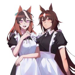 Rule 34 | 2girls, alternate costume, animal ears, apron, arm under breasts, black dress, breasts, brown hair, closed mouth, collared dress, dress, earrings, enmaided, hair between eyes, hand up, highres, horse ears, jewelry, long hair, looking at viewer, maid, maid apron, multicolored hair, multiple girls, neck ribbon, open mouth, pink eyes, red eyes, ribbon, simple background, single earring, sirius symboli (umamusume), small breasts, smile, streaked hair, symboli rudolf (umamusume), ukka (0ukka ), umamusume, upper body, waist apron, white background