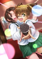 Rule 34 | 10s, 2girls, ;d, abazu-red, black legwear, black neckerchief, black ribbon, blouse, brown eyes, brown hair, commentary request, dancing, dutch angle, flying sweatdrops, foreshortening, from side, frown, girls und panzer, glasses, green skirt, hair ribbon, holding hands, indoors, interlocked fingers, long hair, long sleeves, looking at viewer, miniskirt, multiple girls, neckerchief, one eye closed, ooarai school uniform, oono aya, open mouth, parted lips, phone, pleated skirt, ribbon, round eyewear, sawa azusa, school uniform, serafuku, shirt, short hair, skirt, smile, spotlight, standing, thighhighs, white shirt