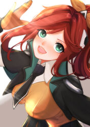 Rule 34 | 1girl, absurdres, arm up, black gloves, black jacket, black necktie, black skirt, blush, bow, breasts, collared jacket, collared shirt, eyelashes, gloves, green eyes, hair bow, hair ornament, high ponytail, highres, jacket, jacket on shoulders, large breasts, league of legends, long hair, long sleeves, looking at viewer, lux (league of legends), necktie, official alternate costume, open clothes, open jacket, open mouth, red hair, school uniform, shirt, sidelocks, skirt, smile, sunlight, teeth, two-tone gloves, upper body, upper teeth only, v-shaped eyebrows, vest, white background, white shirt, yellow bow, yellow gloves, yellow vest, yukomeow