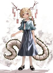 Rule 34 | 1girl, absurdres, black footwear, blonde hair, blue bow, blue shirt, blue skirt, bow, cigarette, closed mouth, commentary, dragon girl, dragon horns, dragon tail, full body, high-waist skirt, highres, holding, holding cigarette, horns, kicchou yachie, looking at viewer, ougiikun, red eyes, shirt, short hair, short sleeves, skirt, solo, standing, tail, touhou, turtle shell, white background