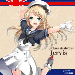 Rule 34 | 1girl, :d, beret, black bow, black shirt, blonde hair, blue eyes, blush, bow, character name, commentary request, dated, dress, gloves, hat, hat bow, hebitsukai-san, highres, jervis (kancolle), kantai collection, long hair, looking at viewer, open mouth, outstretched arm, puffy short sleeves, puffy sleeves, shirt, short sleeves, smile, solo, standing, standing on one leg, twitter username, union jack, white dress, white gloves, white hat