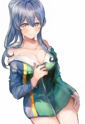 Rule 34 | 1girl, absurdres, bare shoulders, blue dress, blue eyes, blue hair, breasts, cleavage, collarbone, cowboy shot, dress, gotland (kancolle), hand on own hip, highres, kantai collection, large breasts, long hair, looking at viewer, miyako (rgrayt), mole, mole under eye, ponytail, simple background, smile, solo, white background