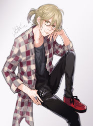 Rule 34 | 1boy, anne (annene), artist name, bad id, bad pixiv id, bespectacled, blonde hair, checkered clothes, checkered shirt, glasses, green eyes, jewelry, male focus, ponytail, ring, shirt, shoes, sitting, smile, sneakers, yellow-framed eyewear, yuri!!! on ice, yuri plisetsky