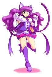 Rule 34 | 10s, 1girl, animal ears, boots, breasts, cat ears, cat tail, choker, cure macaron, dress, earrings, elbow gloves, expressionless, extra ears, food-themed hair ornament, full body, gloves, hair ornament, highres, jewelry, kamiyama teten, kirakira precure a la mode, knee boots, kotozume yukari, layered dress, long hair, looking at viewer, macaron hair ornament, magical girl, medium breasts, precure, purple dress, purple eyes, purple footwear, purple hair, purple neckwear, ribbon choker, simple background, solo, standing, standing on one leg, tail, white background, white gloves