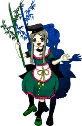 Rule 34 | 1girl, :d, bamboo, black hat, black thighhighs, dress, full body, green dress, green eyes, green footwear, green hair, hat, holding, official art, open mouth, shoes, short hair, short hair with long locks, smile, solo, teireida mai, thighhighs, touhou, transparent background, white background, zun (artist)