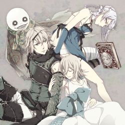 Rule 34 | aikana, bandages, breasts, brother and sister, closed mouth, dress, emil (nier), closed eyes, flower, gloves, grimoire weiss, hair ornament, kaine (nier), lingerie, long hair, medium breasts, medium hair, multiple boys, multiple girls, negligee, nier, nier (series), nier (young), siblings, simple background, smile, underwear, white dress, white hair, yonah