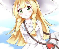 Rule 34 | 1girl, arms behind back, bag, bare shoulders, blonde hair, blush, braid, commentary request, creatures (company), dress, game freak, green eyes, hachimi, hat, lillie (pokemon), long hair, looking at viewer, nintendo, open mouth, pokemon, pokemon sm, shoulder bag, sleeveless, sleeveless dress, solo, sundress, twin braids, white dress, white hat