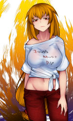 Rule 34 | 1girl, alternate costume, aoshima, arm behind back, aura, bare shoulders, breasts, casual, clothes writing, collarbone, commentary request, contemporary, cowboy shot, crop top, english text, eyeshadow, gluteal fold, groin, hair between eyes, highres, junko (touhou), large breasts, lipstick, long hair, looking at viewer, low-tied long hair, makeup, mature female, midriff, navel, no headwear, off-shoulder shirt, off shoulder, orange hair, pants, pink lips, pocket, red eyes, red pants, shirt, short sleeves, sidelocks, simple background, solo, standing, stomach, thighs, tied shirt, touhou, very long hair, white background, white shirt