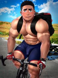 Rule 34 | 1boy, abs, artisticjinsky, bara, bicycle, black hair, black shorts, blush, bulge, day, erection, erection under clothes, fingerless gloves, gloves, highres, large pectorals, looking at viewer, male focus, muscular, muscular male, navel, nipples, original, outdoors, pectorals, red gloves, riding, riding bicycle, short hair, shorts, smile, solo, thick thighs, thighs