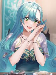 Rule 34 | 1girl, aqua hair, blush, braid, breasts, chloe (fire emblem), cleavage, earrings, fire emblem, fire emblem engage, green eyes, hair between eyes, highres, jewelry, large breasts, long hair, looking at viewer, nintendo, official alternate costume, open mouth, own hands clasped, own hands together, smile, solo, teeth, tomo shirasu, tongue, upper teeth only, very long hair
