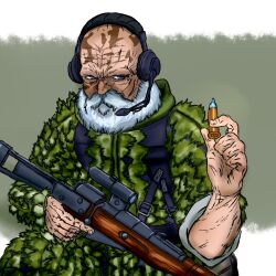 Rule 34 | artist request, blue eyes, bolt action, bullet, gun, headphones, male focus, metal gear (series), metal gear solid 3: snake eater, mosin-nagant, old, old man, rifle, scope, sniper rifle, solo, the end (metal gear), weapon