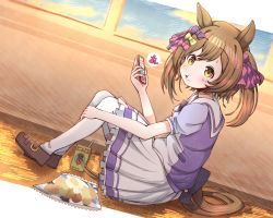 Rule 34 | 1girl, animal ears, bag of chips, blush, bow, brown footwear, brown hair, cellphone, eating, food, food on face, full body, hair bow, highres, holding, holding phone, horse ears, horse girl, horse tail, indoors, juice box, knees up, looking at viewer, looking to the side, medium hair, open mouth, phone, purple shirt, rakugakiraid, school uniform, shirt, shoes, short sleeves, sitting, skirt, smart falcon (umamusume), solo, speech bubble, sweatdrop, tail, thighhighs, tracen school uniform, twintails, umamusume, white skirt, white thighhighs, yellow eyes