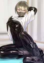Rule 34 | arm behind head, blonde hair, bodysuit, bodysuit under clothes, boots, curtains, foreshortening, gloves, grey eyes, highres, indoors, kilye kairi, latex, latex bodysuit, latex gloves, latex suit, original, real life, shiny clothes, shirt, short hair, skin tight, solo, undressing